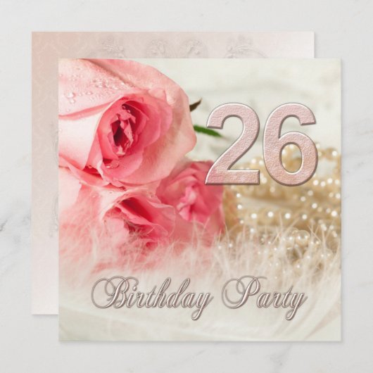 26e anniversaire invitation de fête, roses et perl (Devant / Derrière)