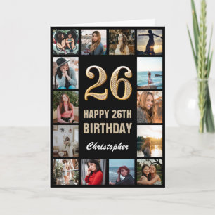 26e Happy Birthday Black en Gold Photo Collage Kaart