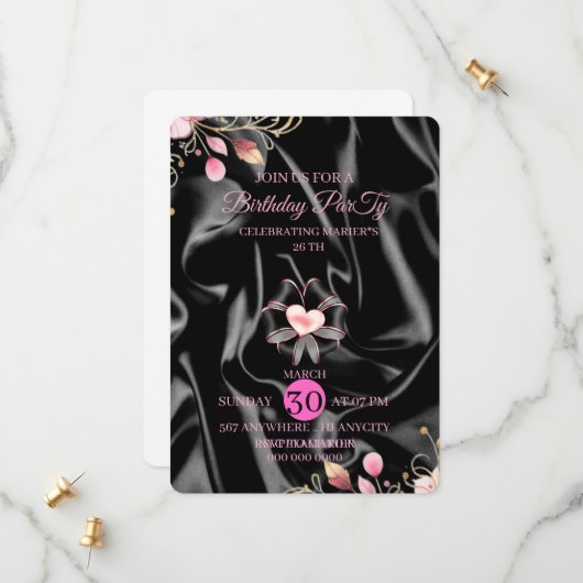 26e Invitation de luxe rose et or pour un annivers (Devant/Arrière en situation)