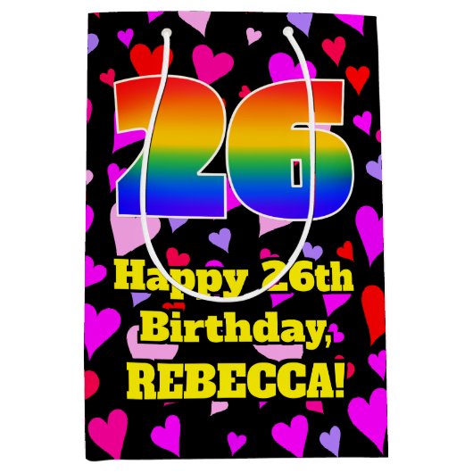 26e verjaardag: Beeldende hartenpatronen, regenboo Medium Cadeauzakje (Voorkant)