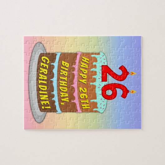 26e verjaardag: Fun Cake and Candles + Custom Name Legpuzzel (Horizontaal)