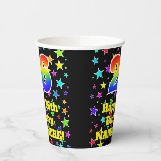 26e verjaardag: Fun Stars Pattern en Rainbow 26 Papieren Bekers (Links)