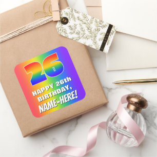 26e verjaardag: kleurrijk, vun regenboogpatroon # vierkante sticker