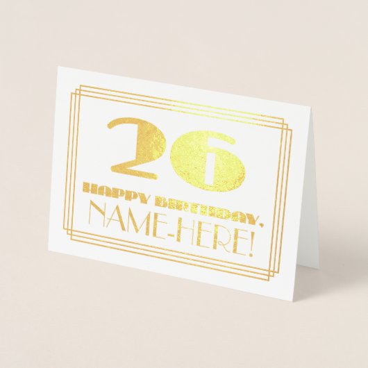 26e verjaardag; naam + Art Deco geïnspireerd look Folie Kaarten (Voorkant)