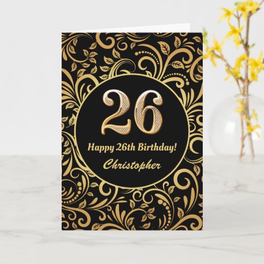 26e verjaardag van het zwarte en goudflessenpatroo kaart (Gele Bloem)