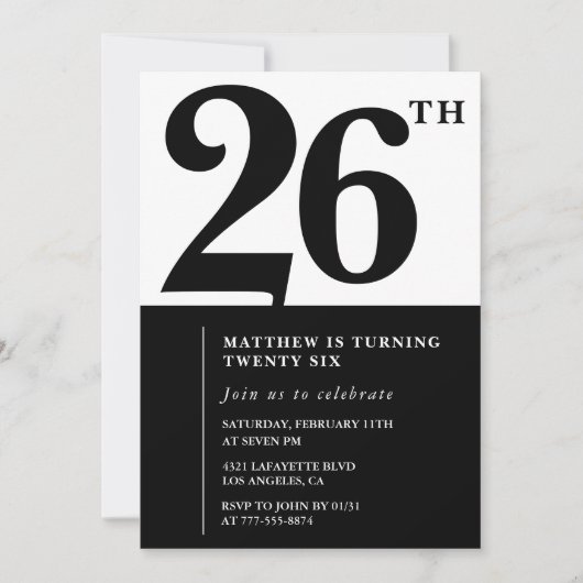 26th birthday invitations Black and White Elegant (Devant)