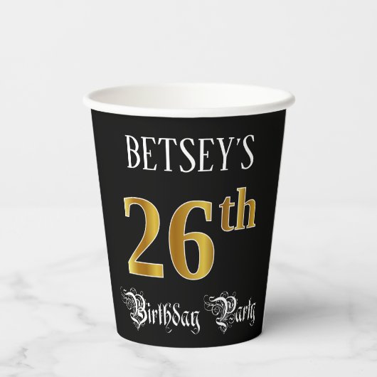 26th Birthday Party — Fancy Script, Faux Gold Look Papieren Bekers (Achterkant)