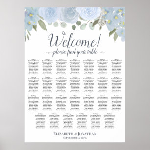 27 Table Dusty Blue Roses Tableau de Mariage