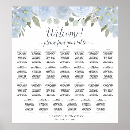27 Tafel Stusty Blue Rozen Wedding Seating Chart Poster (Voorkant)