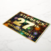 27e Birthday Party - Fun, kleurrijke Fireworks loo Folie Uitnodiging (Gedraaid)