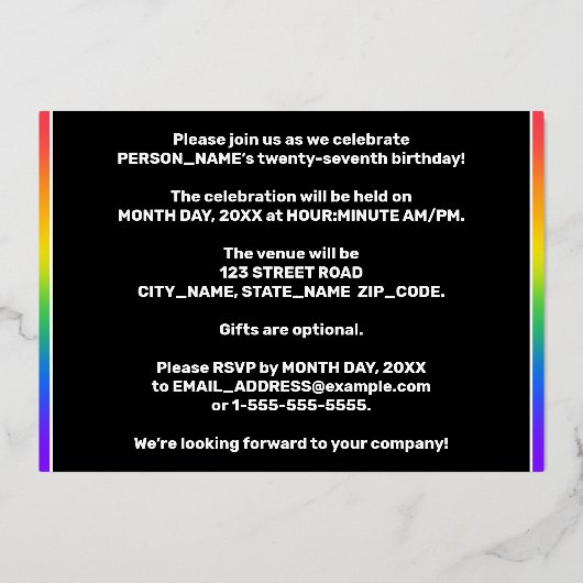 27e Birthday Party - Fun, kleurrijke Fireworks loo Folie Uitnodiging (Achterkant)