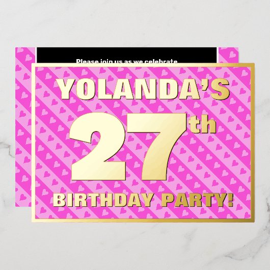 27e Birthday Party — Fun roze harten en stripes Folie Uitnodiging (Voorkant / Achterkant)