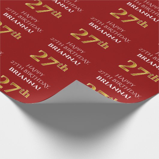 27e verjaardag: Elegant, Rood, Faux Gold Look Cadeaupapier (Hoek)