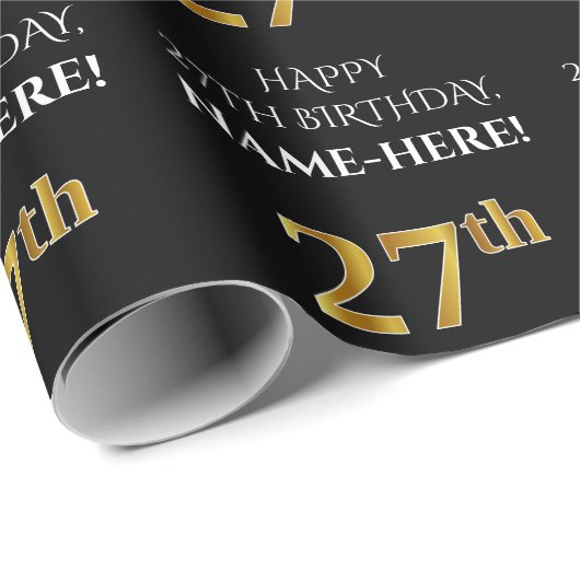 27e verjaardag: Elegant, zwart, Faux Gold look Cadeaupapier (Rol Hoek)