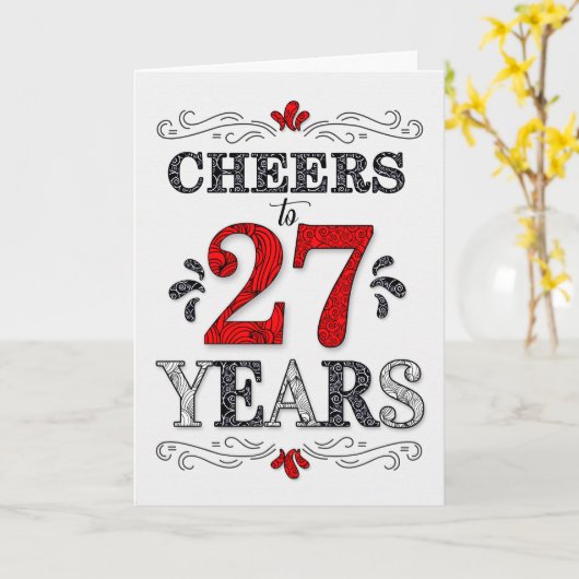 27e verjaardag Proost in rood wit zwart patroon Kaart (Gele Bloem)