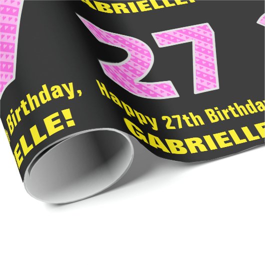 27e verjaardag: Roze strepen en harten "27" + Naam Cadeaupapier (Rol Hoek)