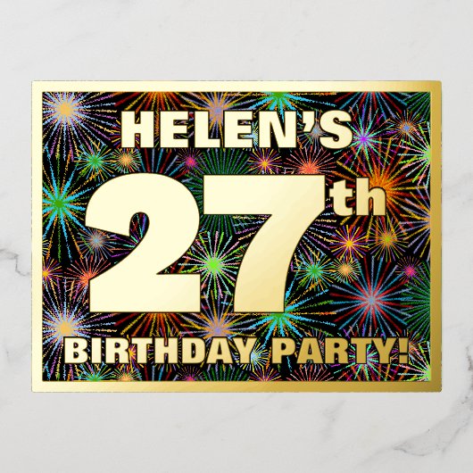 27e verjaardag: Vette, kleurrijke Fireworks-look Folie Uitnodiging Briefkaart (Voorkant)