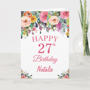 27e verjaardag Waterverf Floral Flowers Pink Card Kaart