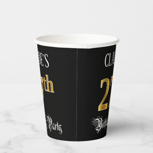 27th Birthday Party — Fancy Script, Faux Gold Look Papieren Bekers (Rechts)