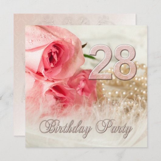 28e anniversaire invitation de fête, roses et perl (Devant / Derrière)