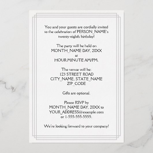 28e verjaardag — Fancy script en aangepaste naam Folie Uitnodiging (Achterkant)
