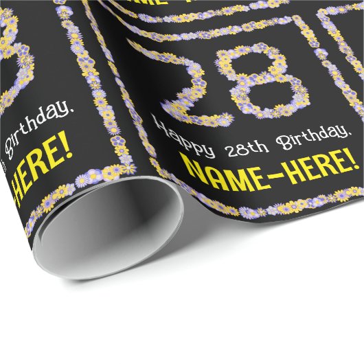 28e verjaardag: Floral Flowers Number, Custom Name Cadeaupapier (Rol Hoek)