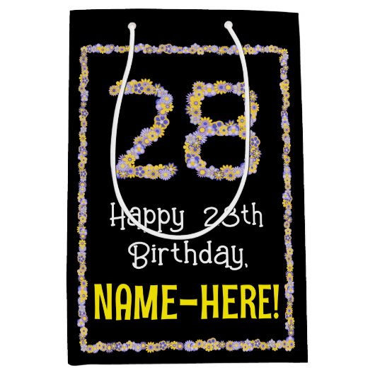 28e verjaardag: Floral Flowers Number, Custom Name Medium Cadeauzakje (Voorkant)
