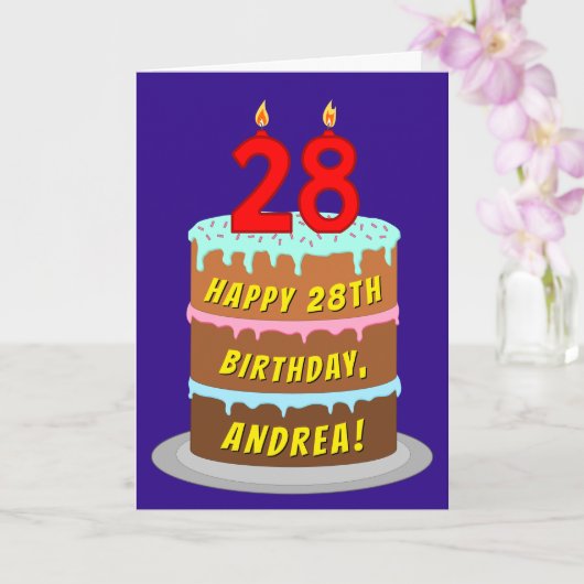 28e verjaardag: Fun Cake and Candles + Custom Name Kaart (Orchidee)