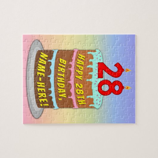 28e verjaardag: Fun Cake and Candles + Custom Name Legpuzzel (Horizontaal)