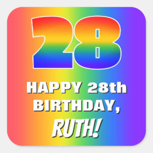 28e verjaardag: kleurrijk, vun regenboogpatroon # vierkante sticker