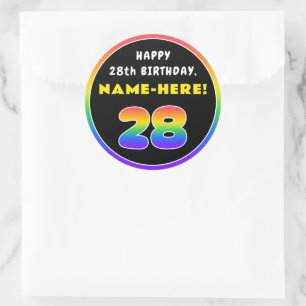 28e verjaardag: kleurrijke regenboog # 28, aangepa ronde sticker