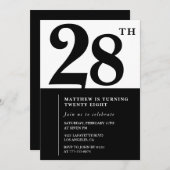 28e verjaardag uitnodigingen Zwart en Wit Elegant (Voorkant / Achterkant)