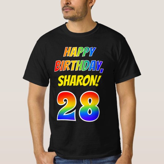 28e verjaardag — Vet, vun, regenboog 28, aangepast T-shirt (Voorkant)