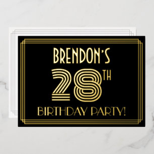 28e Verjaardagsfeest — Art Deco-stijl “28” + naam Folie Uitnodiging
