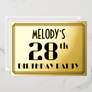 28e verjaardagsfeestje: Art Deco-look “28” en naam Folie Uitnodiging