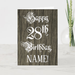 28th Birthday: Fancy, Elegant Text; Faux Wood Look Kaart