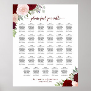 29 Tabel Rood en roze Floral Wedding Seating Chart Poster