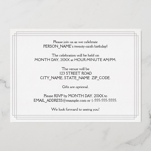 29e verjaardag — Art Deco Style "29" en naam Folie Uitnodiging (Achterkant)