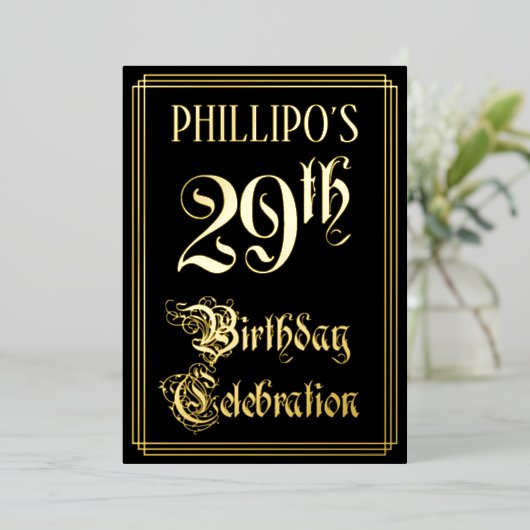 29e verjaardag — Fancy script en aangepaste naam Folie Uitnodiging (Staand Voorkant)
