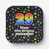 29e verjaardag: Fun Stars Pattern and Rainbow "29" Papieren Bordje (Voorkant)