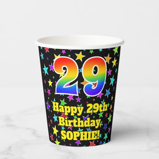 29e verjaardag: Fun Stars Pattern en Rainbow 29 Papieren Bekers (Achterkant)