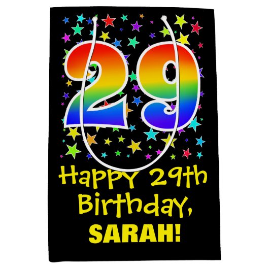 29e verjaardag: kleurrijk sterrenpatroon en regenb medium cadeauzakje (Voorkant)