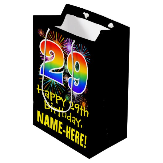 29e verjaardag: Vuurwerk Fun Pattern + Regenboog 2 Medium Cadeauzakje (Voorkant Gekanteld)