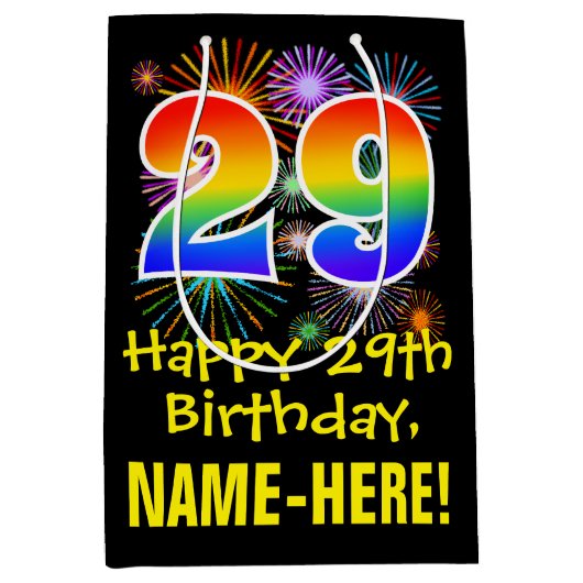 29e verjaardag: Vuurwerk Fun Pattern + Regenboog 2 Medium Cadeauzakje (Voorkant)