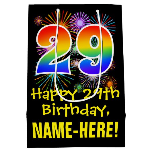 29e verjaardag: Vuurwerk Fun Pattern + Regenboog 2 Medium Cadeauzakje (Achterkant)