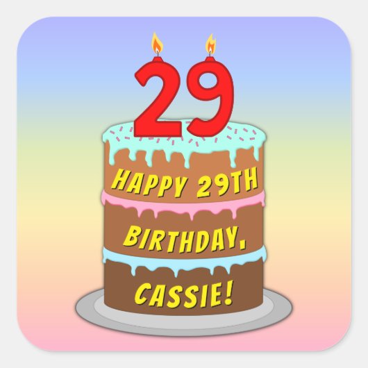 29th Birthday: Fun Cake and Candles + Custom Name Vierkante Sticker (Voorkant)