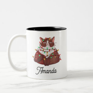 2 Couleurs Chat mignon avec tasse à café bione légère de noël