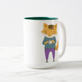 2 Couleurs Cute renard avec tasse de thé (Devant droit)