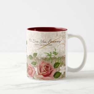 2 Couleurs Je t'aime Grammy, tasse anglaise vintage de roses
