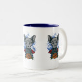 2 Couleurs Sphinx chat avec tasse de café-fleurs. (Devant droit)